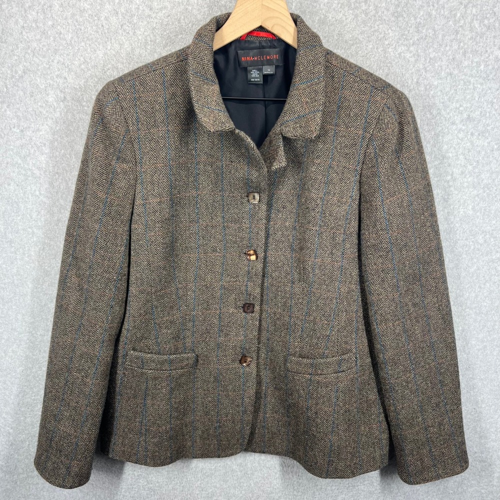 Nina McLemore Blazer Jacket Women 14 Brown Tweed Wool Silk Herringbone EUC